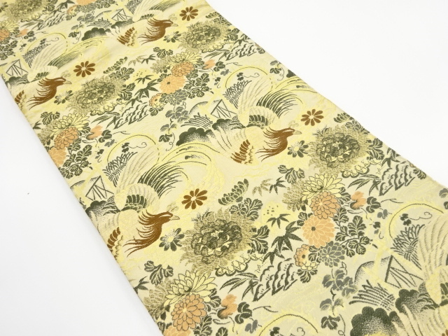 アンティーク　鳳凰に垣根・草花模様織り出し名古屋帯（着用可）